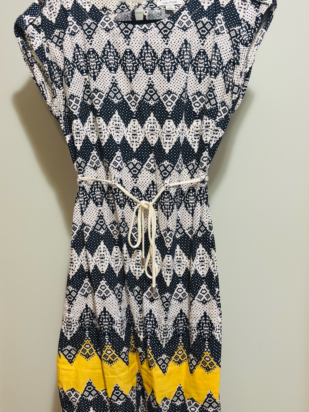 Nautica Navy, White & Yellow Geometric Drawstring Casual Dress